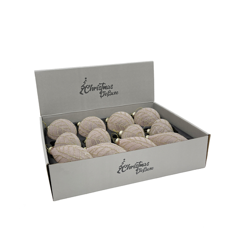 Набор елочных игрушек 8см 12шт ChristmasDeLuxe светло-розовый в инее с листьями