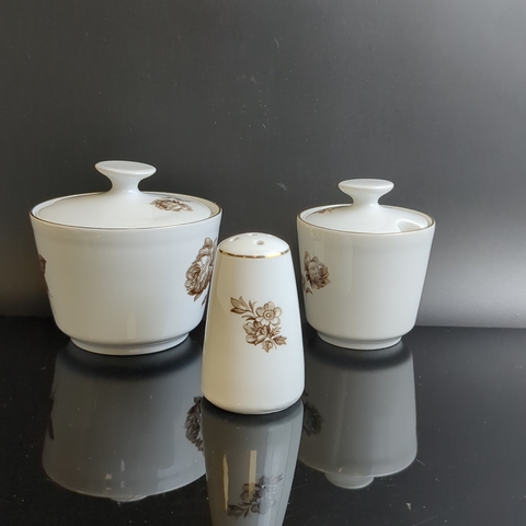 Сахарница, солонка, перечница фарфоровые из сервиза "Чёрная роза", деколь, золочение, клеймо Kahla, Кахла, ГДР, винтаж 1968-1987 гг