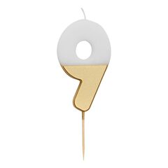 Восковая свеча цифра "9" (бело-золотая)