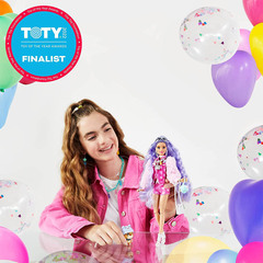 Барби Экстра 6 в Розовой Куртке с принтом Мишки Тедди с Волосами Цвета Барвинок