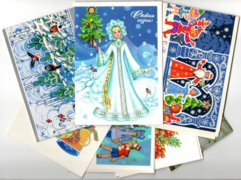 Подборка двойных Новогодних поздравительных открыток — 7 штук— разные художники — чистые, без повторов времен СССР