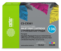 Картридж струйный Cactus CS-C9361 №136 многоцветный (18мл) для HP DJ 5443, D4163, DJ 6313, PS 2573, C3183, C4183, D5163, 1513, 1513s