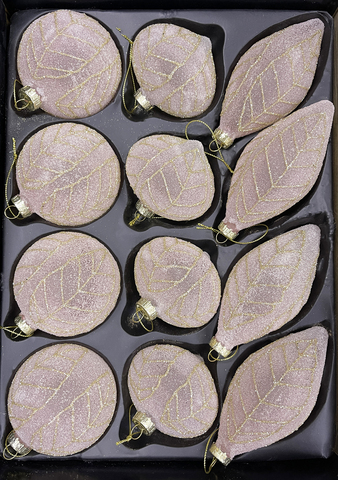 Набор елочных игрушек 8см 12шт ChristmasDeLuxe светло-розовый в инее с листьями