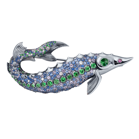 Брошь Осётр с Сапфирами, Цаворитами и Бриллиантами, Brs0277-0/2