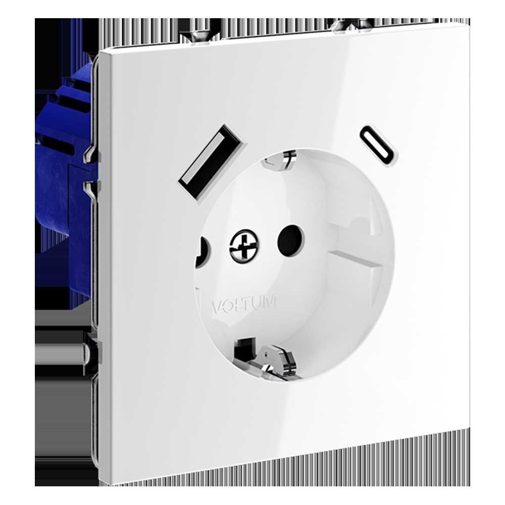 Розетка встраиваемая Voltum S70 с заземлением и защитными шторками, 16А, с USB, A+С, (белый глянцевы VLS040501