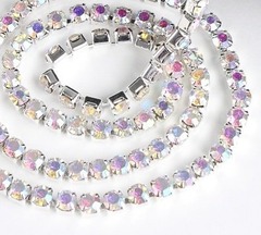 Цепь со стразами, ss16, ш. 4 мм, серебро напыление AB в серебряной оправе