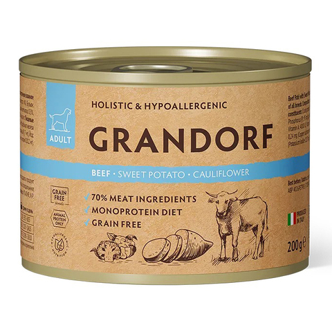 GRANDORF (Beef Pate + Sweet Potato + Cauliflower) MONOPROTEIN монопротеиновый влажный корм для собак всех пород (беззерновая формула для особо аллергичных собак), ГОВЯДИНА + БАТАТ + ЦВЕТНАЯ КАПУСТА, 200г х 6 шт