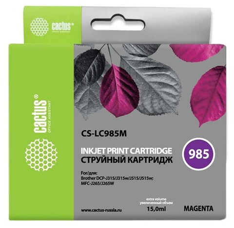 Картридж струйный Cactus CS-LC985M пурпурный (15мл) для Brother DCPJ315W, DCPJ515W, MFCJ265W
