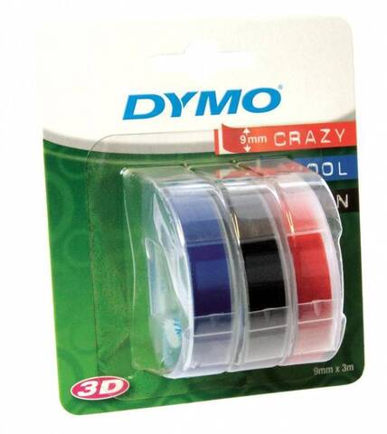 Лента для механических принтеров DYMO, 9 мм х 3м, пластиковая ассортимент (черный, синий, красный), шрифт белый, 3 шт. в блистере