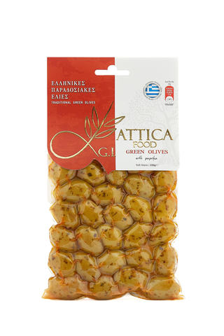 Оливки зеленые Халкидики с паприкой Attica Food 250 гр