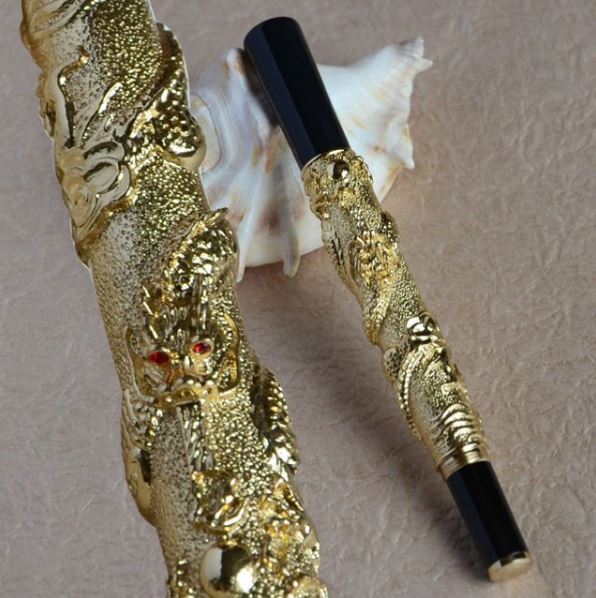 Перьевая ручка Jinhaо золотистый дракон. Перо с маркировкой М (фактически F 0,5 мм). Китай. Sale 3500!