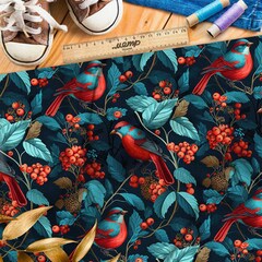 Ткань атлас  райские птицы с рябиной