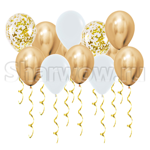 Воздушные шары под потолок Хром золото, белый и шары с золотым конфетти