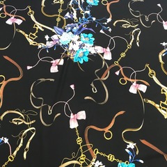 Ткань шелк  матовый с эластаном черный с цветами и ремнями 1086