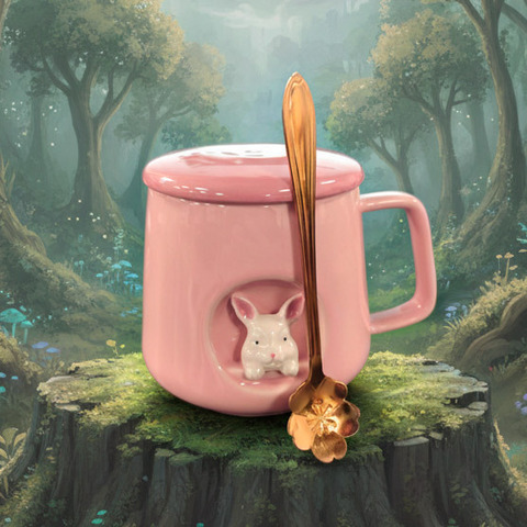 Керамическая кружка с крышкой и ложкой, 10*7,8 см, розовый, 380 мл