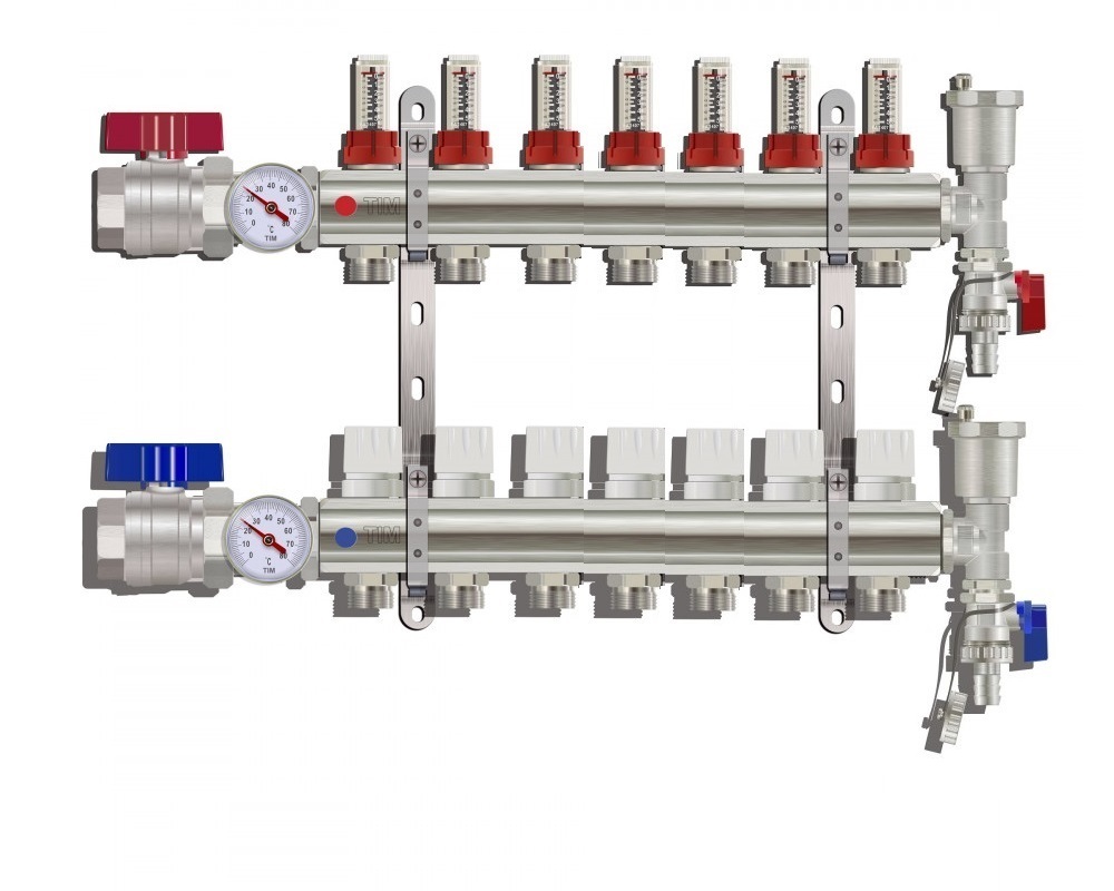 Коллектор для тёплого пола Тим на 7 выходов – купить недорого в  интернет-магазине Сантех-БРО | Цены на коллектор для тёплого пола с  расходомерами Tim 7 контуров