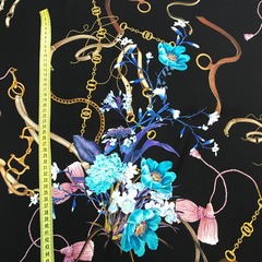 Ткань шелк  матовый с эластаном черный с цветами и ремнями 1086