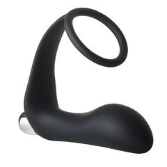 Черное эрекционное кольцо с вибропробкой Vibrating Anal Plug With Cockring - 