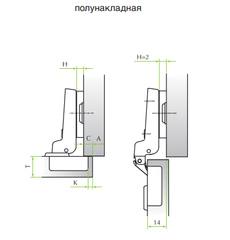 Петля полунакладная 110 гр slide-on и планкой H=2 FGV (Италия)