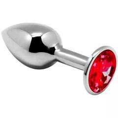Серебристая анальная втулка с красным кристаллом Mini Metal Butt Plug Size S - 7 см. - 
