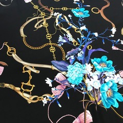 Ткань шелк  матовый с эластаном черный с цветами и ремнями 1086