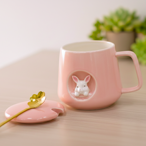 Керамическая кружка с крышкой и ложкой, 10*7,8 см, розовый/зеленый 380 мл