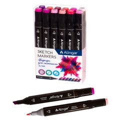 
          Набор скетчмаркеров DUO Alingar,12 цветов, ягодные оттенки (розов, красн, фиолет, фуксия), пулевидный/клиновидный 1-6 мм, спирт. основа, ПВХ упаковка