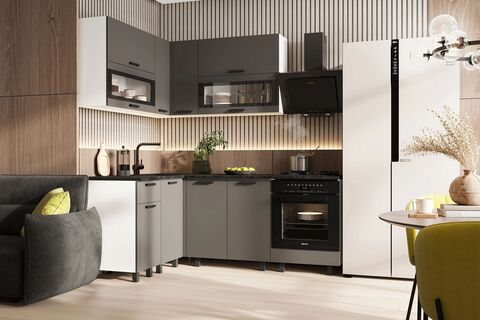 Кухня Техно 1,4*2,0м Компоновка №2 (Холст вулканический, Белый (Кастилло темный))