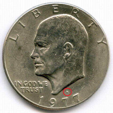 1 доллар 1977 год (D). США. Эйзенхауэр. Медь с медно-никелевым покрытием, диаметр 38.1 мм. XF-AU