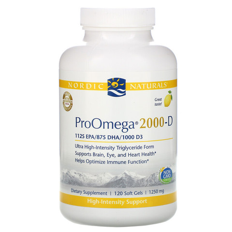 Nordic Naturals, ProOmega 2000-D, со вкусом лимона, 1250 мг, 120 мягких желатиновых капсул