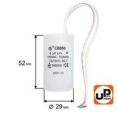 Конденсатор UNITED PARTS CBB60, 8 мкФ, 450В, гибкие выводы (90-0323)