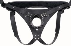 Телесный реалистичный фаллоимитатор на черных трусиках Real Big Strap-On - 34,5 см. - 