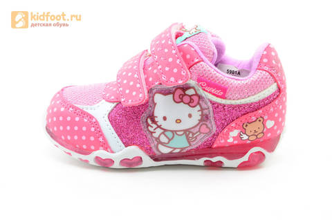 Светящиеся кроссовки для девочек Хелло Китти (Hello Kitty) на липучках, цвет розовый, мигает картинка сбоку. Изображение 3 из 15.