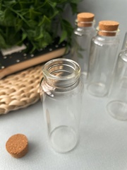 Баночки - бутылочки с пробковой крышкой, стеклянные, прозрачные 40 мл, 8*3*3 см, набор 6 штук.