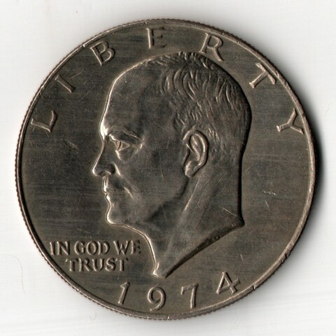 1 доллар 1974 год (без знака - Philadelphia). США. Эйзенхауэр. Медь с медно-никелевым покрытием, диаметр 38.1 мм.