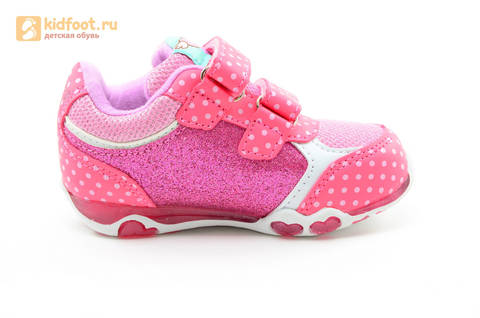 Светящиеся кроссовки для девочек Хелло Китти (Hello Kitty) на липучках, цвет розовый, мигает картинка сбоку. Изображение 4 из 15.