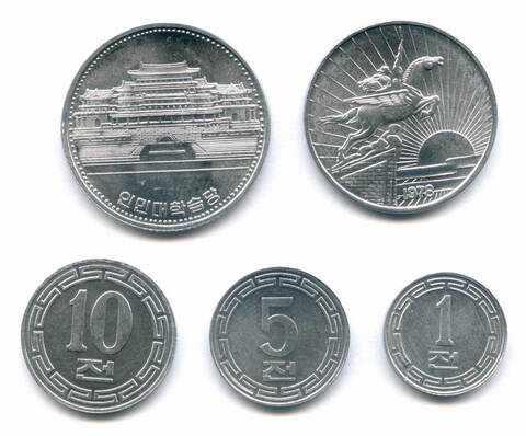 Набор из 5 монет КНДР (1, 5, 10 и 50  чон; 1 вона) 1959-1987 г. AUNC