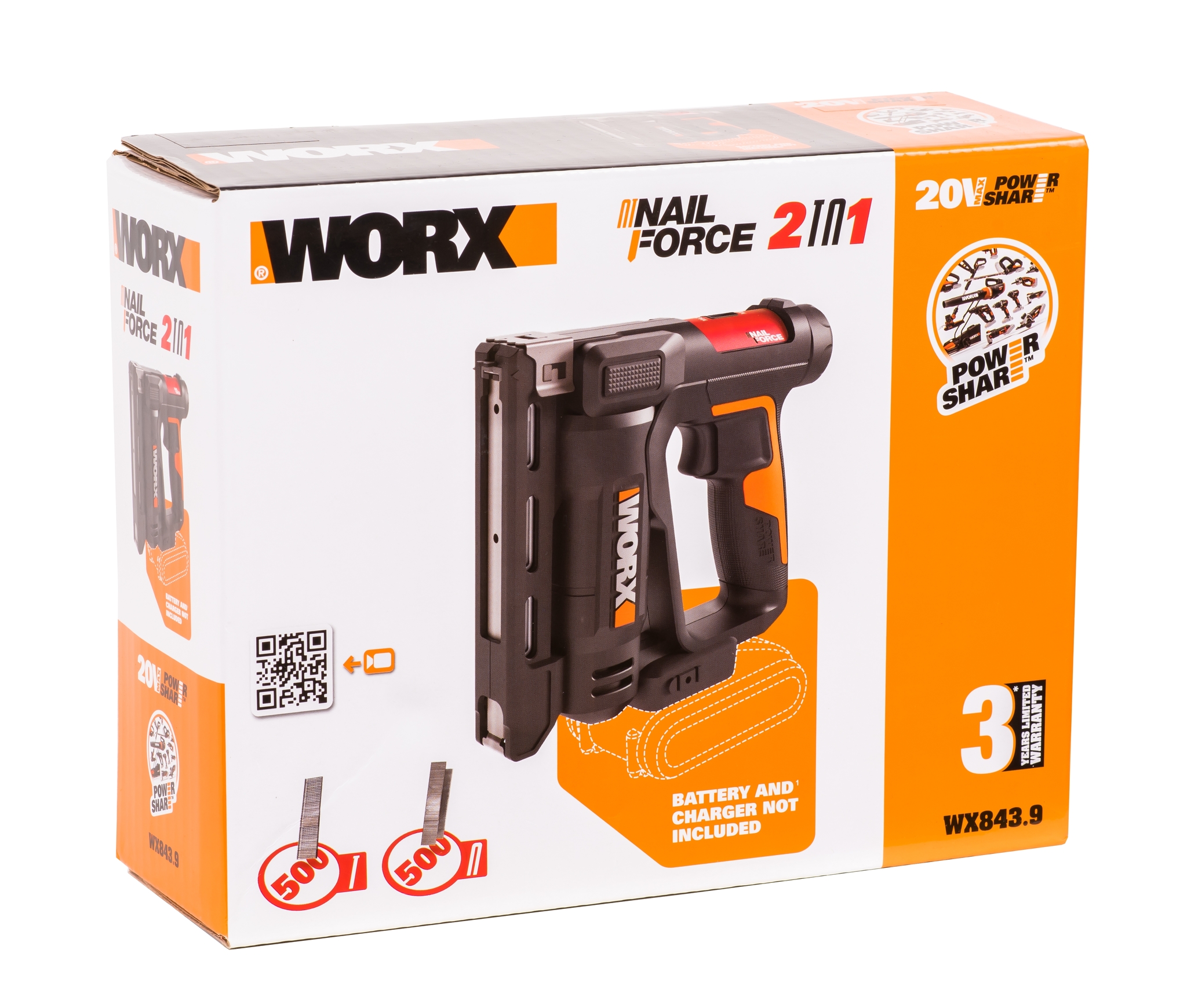 Степлер аккумуляторный WORX WX843.9, 20В, без АКБ и ЗУ