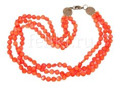 колье 3 ряда из оранжевого коралла
