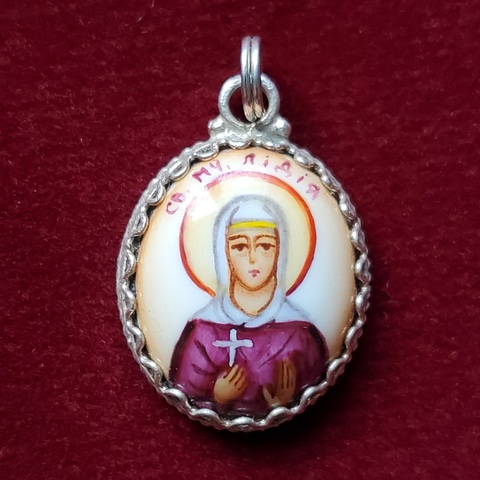 Икона с финифтью святая Лидия кулон ручная роспись