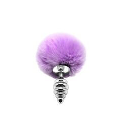 Серебристая анальная пробка с сиреневым помпоном Metal Anal Fluffly Twist Plug S - 