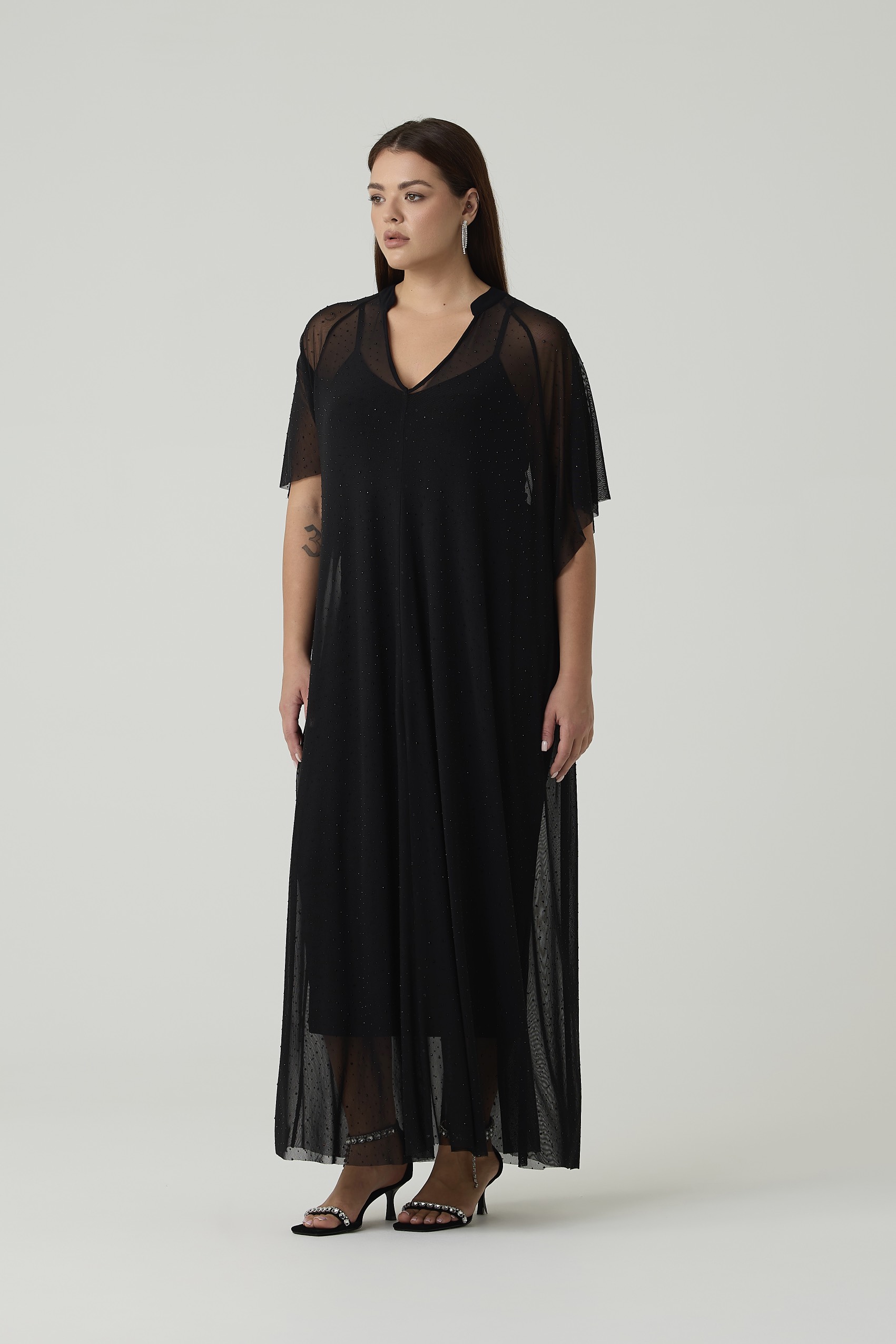 Платье-туника из сетки со стразами, черный