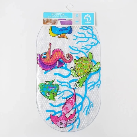 Коврик противоскользящий в ванну на присосках Доляна «Морские жители», 36×68 см