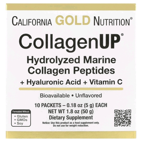 California gold nutrition, CollagenUp, гидролизованные пептиды морского коллагена с гиалуроновой кислотой и с витамином С, без ароматизаторов, 10 пакетиков по 0,18 унции (5 г) каждый