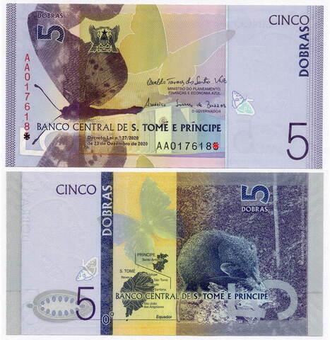 Банкнота Сан-Томе и Принсипи 5 добр 2020 год AA0176186. UNC
