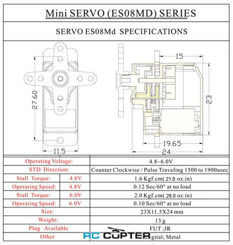 Сервопривод EMAX ES08MD (1.6-2.0 кг/см, 0.12-0.10 сек/60°, 13г)