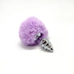 Серебристая анальная пробка с сиреневым помпоном Metal Anal Fluffly Twist Plug S - 
