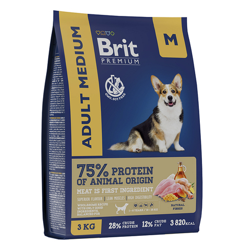 Сухой Корм Brit Premium Adult Medium, с курицей для собак ср. пород (10-25 кг) 3 кг
