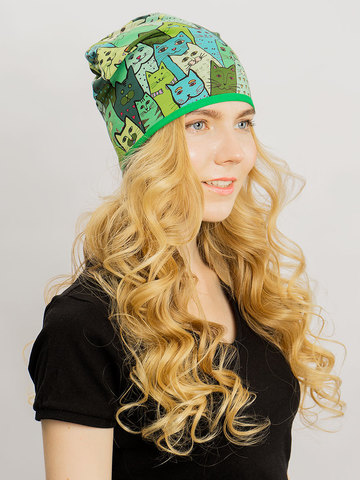 Женская летняя шапочка бини с принтом Котики (зеленые)