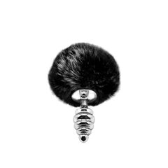 Серебристая анальная пробка с черным хвостиком Metal Anal Fluffly Twist Plug S - 
